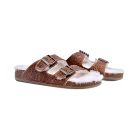 Prairie Winds Hand-tooled Fur Comfort Leather Sandals