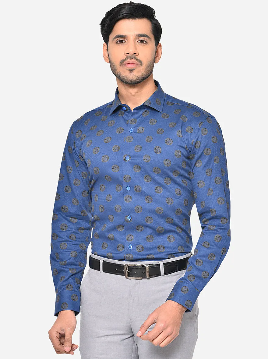 Royal Blue Printed Slim Fit Formal Shirt | Metal