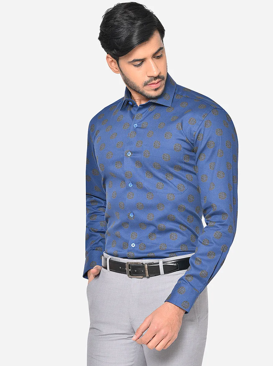 Royal Blue Printed Slim Fit Formal Shirt | Metal