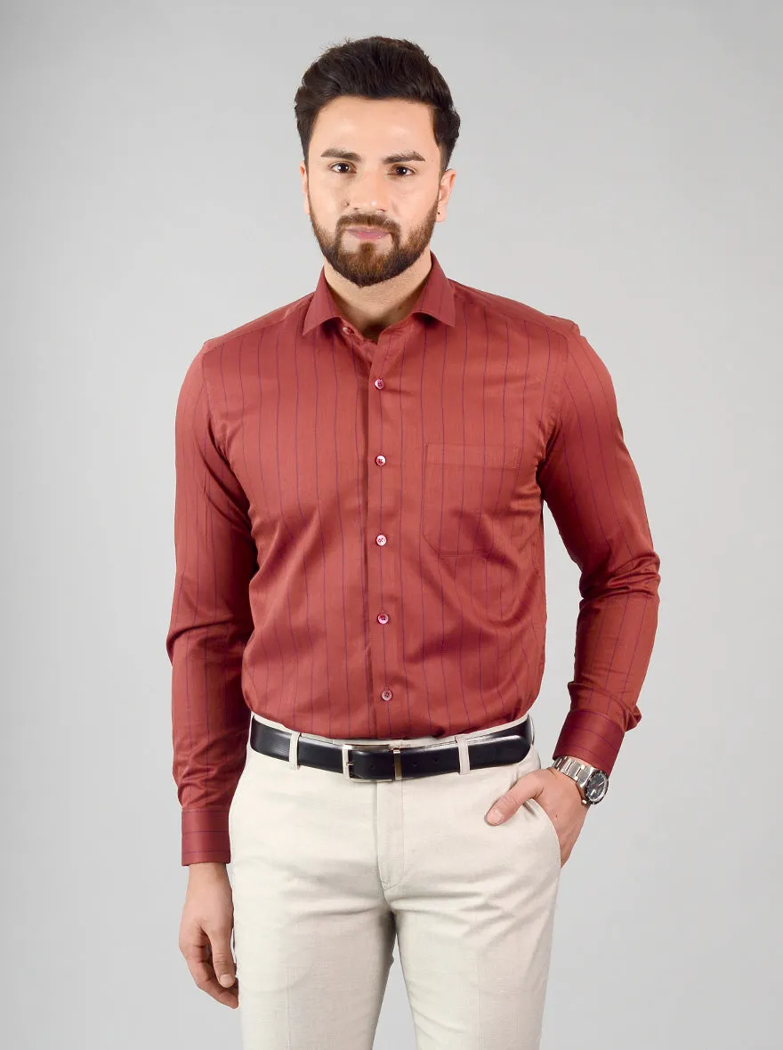 Rust Striped Slim Fit Evening Wear Shirt | Metal