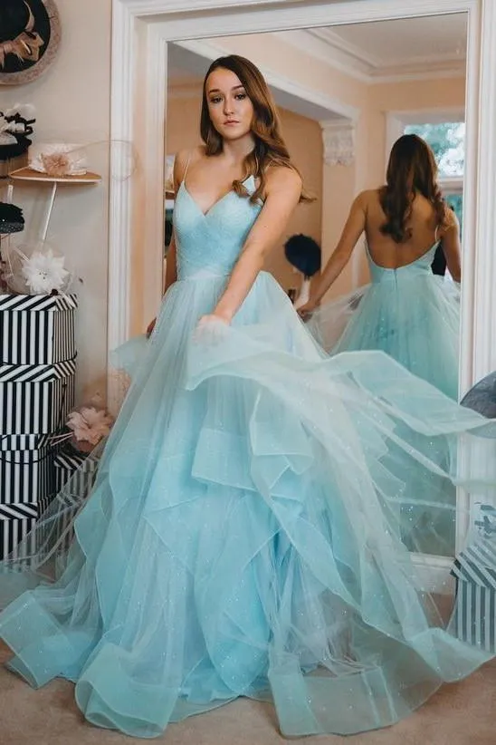 Sparkly Blue Straps Ruffles Long Prom/Evening Dress with Open Back  PG891