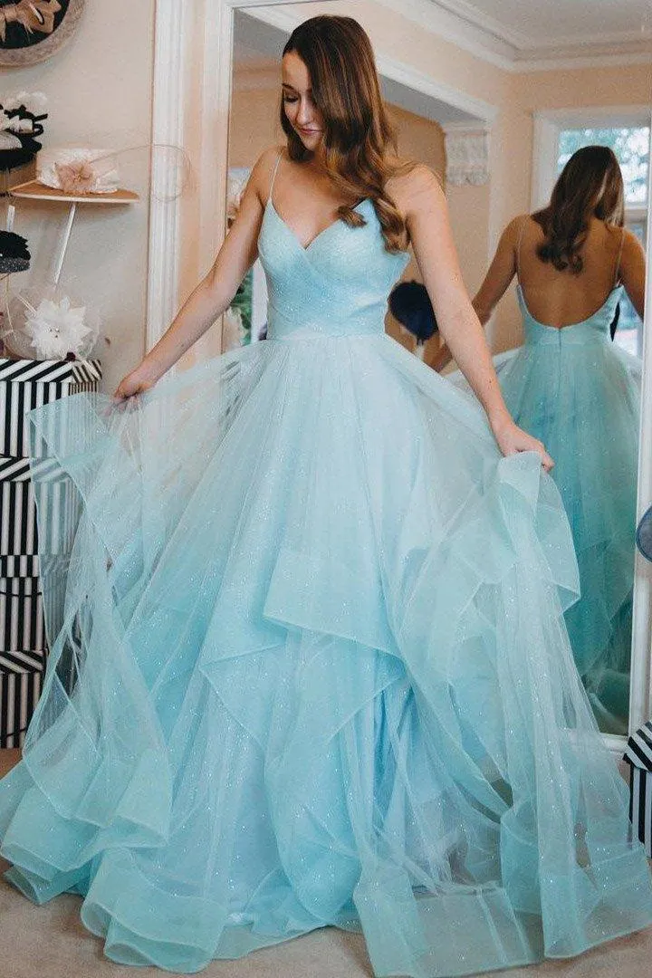 Sparkly Blue Straps Ruffles Long Prom/Evening Dress with Open Back  PG891