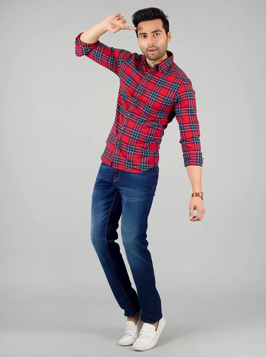 True Red Checked Slim Fit Casual Shirt | Greenfibre