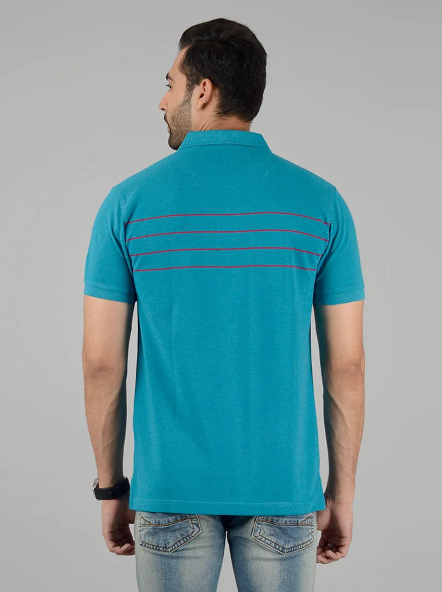 Turquoise Blue Striped Slim Fit Polo T-Shirt | Greenfibre