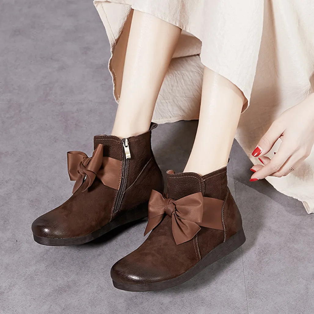 Winter Retro Leather Handmade Bowknot Women's Boots