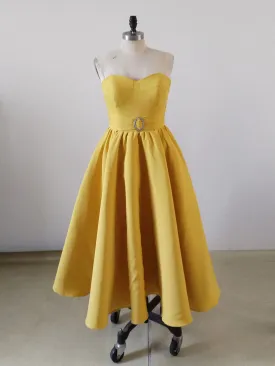 Yellow Sweetheart Neck Satin Tea Length Prom Dress, Yellow Formal Dress