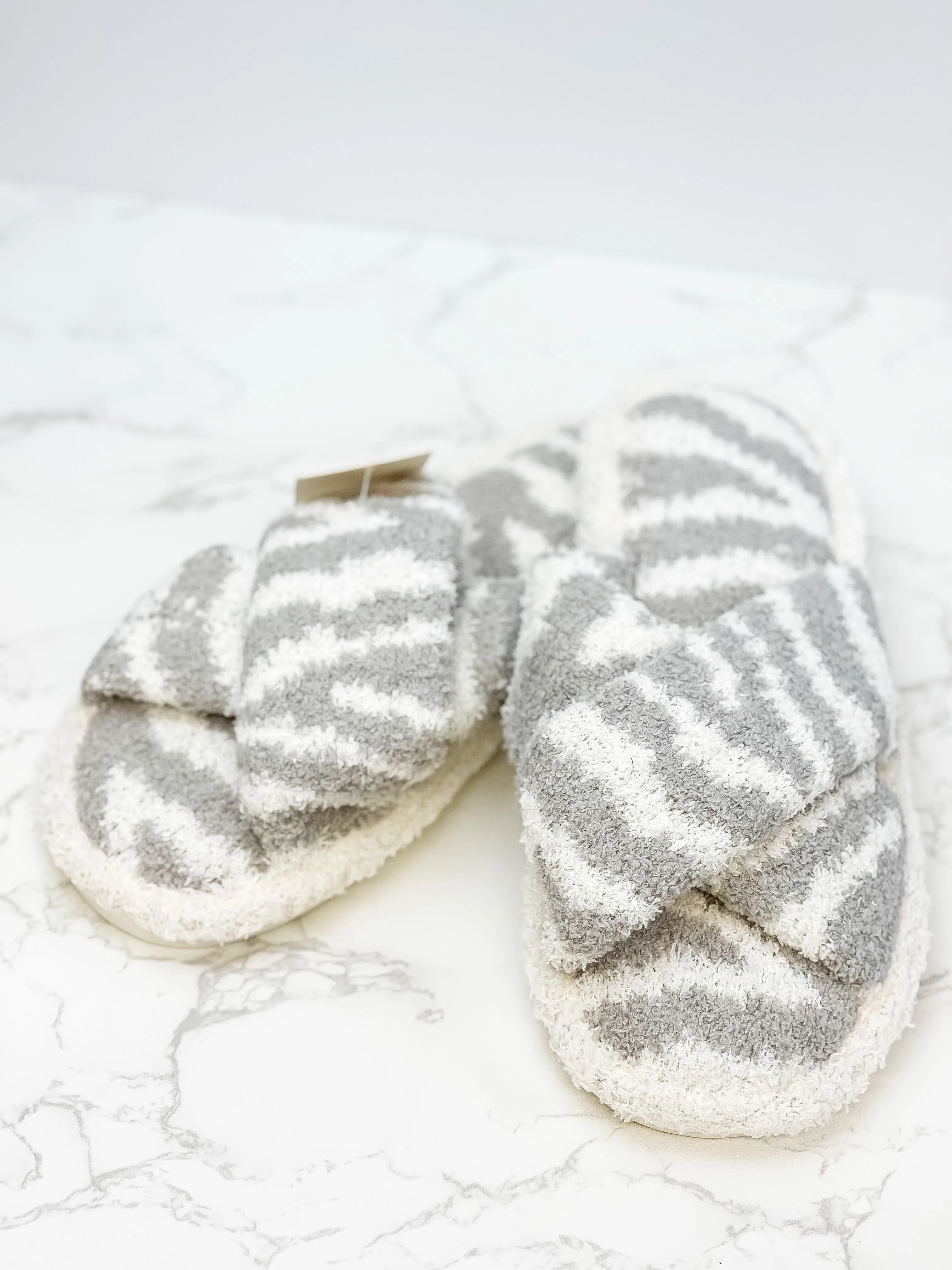 Zebra Criss Cross Fuzzy Slippers - Gray